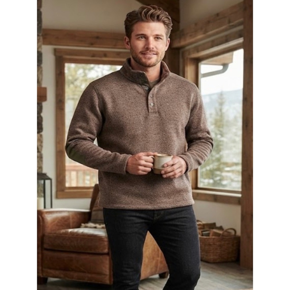 Merrell Select Regulate Mens XL Brown Fleece Snap Mock Neck Pullover Sweater